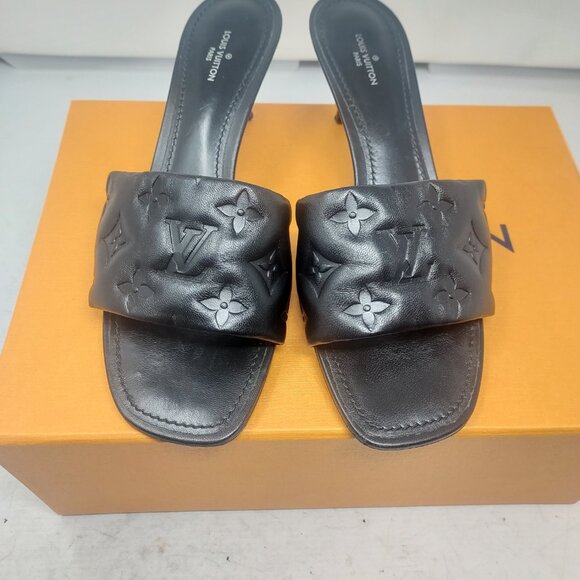 LOUIS VUITTON LV Monogram Black Embossed Revival Heel Sandal - Picture 11 of 12